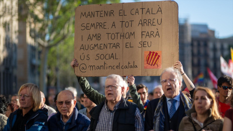 Un moment de la manifestació pel català durant la diada de Sant Jordi