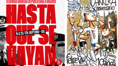 A la derecha, cartel de la II Marcha Republicana que se celebra en Madrid este 15 de junio; a la izquierda, el cartel de la carrera popular en homenaje al rey Felipe que tendrá lugar ese mismo día,