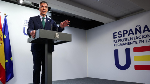 El presidente del Gobierno, Pedro Sánchez, en rueda de prensa tras el Consejo Europeo, en Bruselas. El presidente del Gobierno, Pedro Sánchez, en rueda de prensa tras el Consejo Europeo, en Bruselas.
