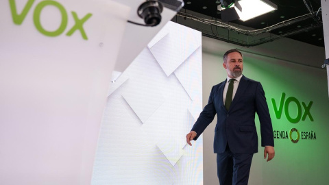 El presidente de Vox, Santiago Abascal, en la sede del partido, a 23 de junio de 2025, en Madrid (España). El presidente de Vox, Santiago Abascal, en la sede del partido, a 23 de junio de 2025, en Madrid (España).