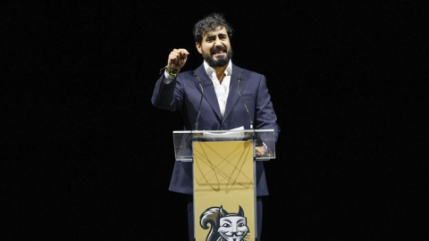 Alvise Pérez, este domingo en el palacio de Vistalegre, en Madrid.