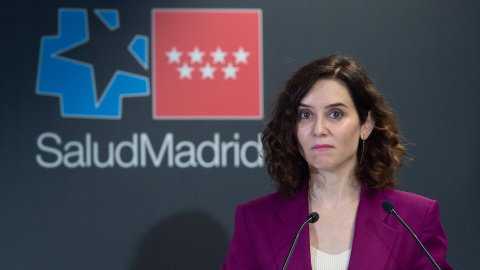 La presidenta de la Comunidad de Madrid, Isabel Díaz Ayuso, interviene durante la presentación del nuevo Plan de Salud Digital del Gobierno regional, en el Hospital Isabel Zendal, a 13 de marzo de 2023, en Madrid (España).