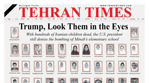 Portada de 'Tehran Times' donde muestran las caras de los niños asesinados por los bombardeos de EEUU e Israel contra Irán.