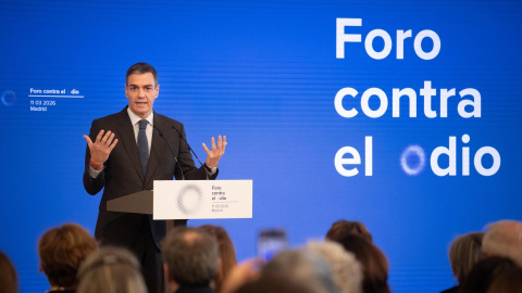 El presidente del Gobierno, Pedro Sánchez, durante la primera Cumbre Internacional contra el Odio, en Madrid.
