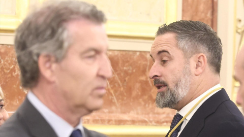 Feijóo Abascal Feijóo y Abascal, durante la visita del Papa León XIV al Congreso de los Diputados, a 8 de junio de 2026.