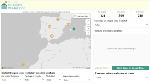 Captura del mapa de refugios climáticos abierto para su consulta.