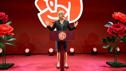 La líder del Partido Socialdemócrata sueco, Magdalena Andersson, durante su intervención tras conocerse los resultados en las elecciones, a 14 de septiembre de 2026.