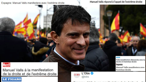 Manuel Valls, candidato de Ciudadanos a la Alcaldía de Barcelona, en la manifestación de Colón en la que participó Vox y su líder, Santiago Abascal. / AFP