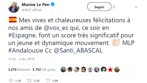 Marine Le Pen felicitó a Vox por sus resultados en las elecciones andaluzas. Marine Le Pen felicitó a Vox por sus resultados en las elecciones andaluzas.