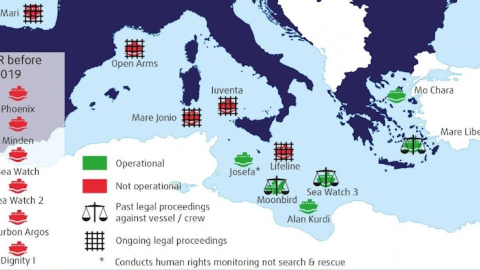 Mapa de ONG buques involucrados en las operaciones SAR en el mar Mediterráneo entre 2016 y el 1 de junio de 2019. The European Union Agency for Fundamental Rights (FRA), Author provided Mapa de ONG buques involucrados en las operaciones SAR en el mar Mediterráneo entre 2016 y el 1 de junio de 2019. The European Union Agency for Fundamental Rights (FRA), Author provided