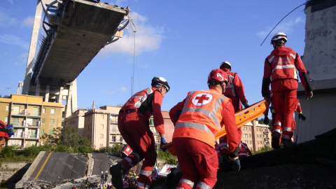 Trabajadores de la Cruz Roja de Italia buscan desaparecidos entre los escombros del puente Morandi en Génova, Italia. / EFE - OFICINA DE PRENSA DE LA CRUZ ROJA Trabajadores de la Cruz Roja de Italia buscan desaparecidos entre los escombros del puente Morandi en Génova, Italia. / EFE - OFICINA DE PRENSA DE LA CRUZ ROJA