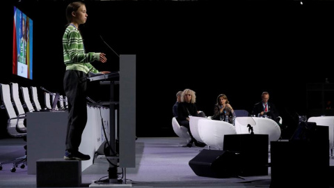 La activista sueca Greta Thunberg interviene durante el plenario de la Cumbre Climática, en Madrid. EFE/J.J. Guillén La activista sueca Greta Thunberg interviene durante el plenario de la Cumbre Climática, en Madrid. EFE/J.J. Guillén
