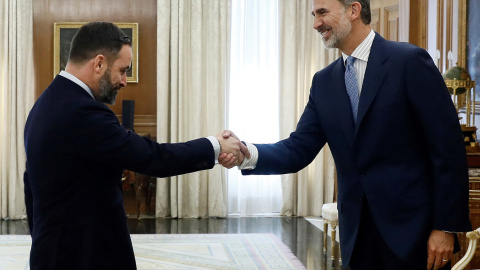 El líder de Vox, Santiago Abascal, saluda al rey Felipe VI durante las consultad de investidura de junio de 2019. - AFP El líder de Vox, Santiago Abascal, saluda a Felipe VI durante las consultad de investidura de junio de 2019. - AFP