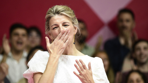 La vicepresidenta segunda del Gobierno, Yolanda Díaz durante la presentación este domingo de su candidatura de Sumar a las elecciones generales en el polideportivo Magariños de Madrid. EFE/ Víctor Lerena La vicepresidenta segunda del Gobierno, Yolanda Díaz durante la presentación este domingo de su candidatura de Sumar a las elecciones generales en el polideportivo Magariños de Madrid. EFE/ Víctor Lerena