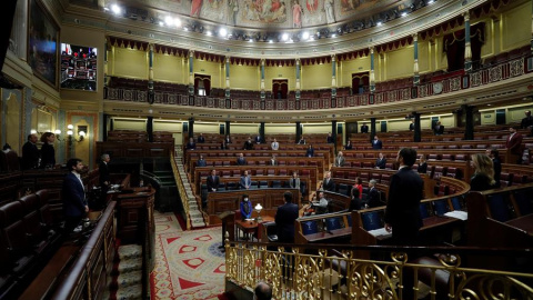 Miembros del gobierno y diputados guardan un minuto de silencio por las víctimas del coronavirus, antes del inicio de la sesión de control al Ejecutivo. EFE/Emilio Naranjo POOL Miembros del gobierno y diputados guardan un minuto de silencio por las víctimas del coronavirus, antes del inicio de la sesión de control al Ejecutivo. EFE/Emilio Naranjo POOL