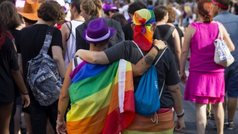 Una pareja de lesbianas, durante el desfile del Orgullo.- EFE Una pareja de lesbianas, durante el desfile del Orgullo.- EFE