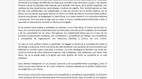 Imagen del post en X con el comunicado de Íñigo Errejón Imagen del post en X con el comunicado de Íñigo Errejón