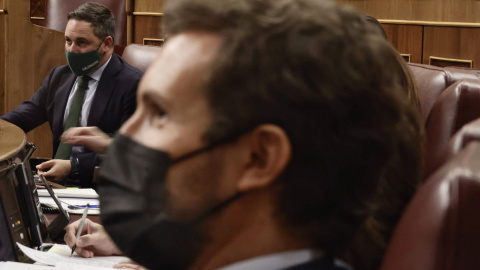 El líder de Vox, Santiago Abascal (i), y el líder del PP, Pablo Casado, en una sesión plenaria en el Congreso de los Diputados, a 10 de noviembre de 2021, en Madrid, (España).- EUROPA PRESS El líder de Vox, Santiago Abascal (i), y el líder del PP, Pablo Casado, en una sesión plenaria en el Congreso de los Diputados, a 10 de noviembre de 2021, en Madrid, (España).- EUROPA PRESS