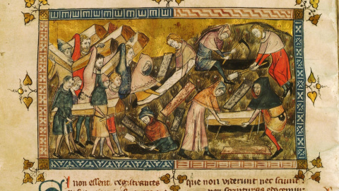 El pueblo de Tournai entierra a las víctimas de la Peste Negra. Miniatura de Pierart dou Tielt que ilustra una obra de Gilles li Muisit (Tournai, c. 1353). KIK-IRPA, Bruselas El pueblo de Tournai entierra a las víctimas de la Peste Negra. Miniatura de Pierart dou Tielt que ilustra una obra de Gilles li Muisit (Tournai, c. 1353). KIK-IRPA, Bruselas
