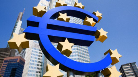 Euro sign outside European Central Bank, Frankfurt, Germany