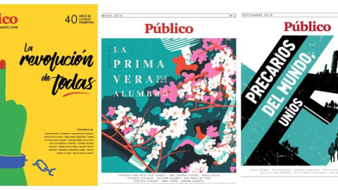 Portadas de los especiales en papel 'La revolución de todas', 'La primavera que nos alumbró' y 'Precarios del mundo, uníos' editados por Público en 2018. Portadas de los especiales en papel editados por Público en 2018.