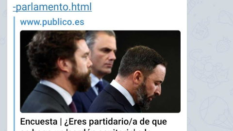 Mensaje en el canal oficial de Telegram de Vox, llamando al boicot de la encuesta en 'Público': "Vota NO y difunde para fastidiarles la encuesta a los progres". Vota NO y difunde para fastidiarles la encuesta a los progres