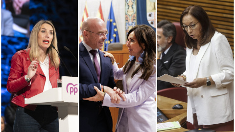 A la izquierda, la presidenta del PP de Extremadura, María Guardiola; en el centro, el portavoz político de Vox, Jorge Buxadé y la nueva presidenta del Parlamento de Aragón en la XI Legislatura, Marta Fernández Martín; a la derecha, la nueva presid A la izquierda, la presidenta del PP de Extremadura, María Guardiola; en el centro, el portavoz político de Vox, Jorge Buxadé y la nueva presidenta del Parlamento de Aragón en la XI Legislatura, Marta Fernández Martín; a la derecha, la nueva presid