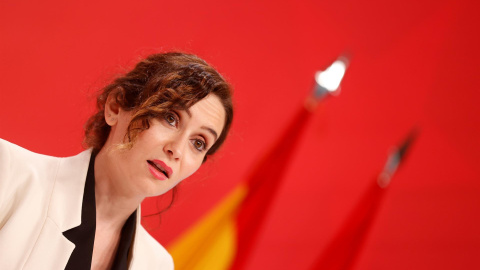 La presidenta de la Comunidad de Madrid, Isabel Díaz Ayuso durante la rueda de prensa ofrecida en la Real Casa de Correos.- EFE/ Javier Lizón La presidenta de la Comunidad de Madrid, Isabel Díaz Ayuso durante la rueda de prensa ofrecida en la Real Casa de Correos.- EFE/ Javier Lizón