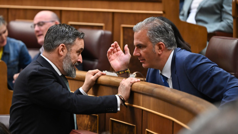 El líder de Vox, Santiago Abascal, conversa con el diputado de la formación Javier Ortega Smith durante un pleno del Congreso. - EFE / Fernando Villar El líder de Vox, Santiago Abascal, conversa con el diputado de la formación Javier Ortega Smith durante un pleno del Congreso. - EFE / Fernando Villar