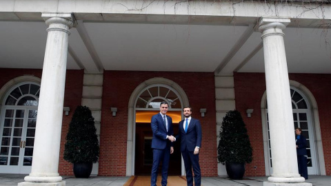 El presidente del Gobierno, Pedro Sánchez, recibe al líder del PP, Pablo Casado, en el Palacio de la Moncloa. EFE/ Juan Carlos Hidalgo El presidente del Gobierno, Pedro Sánchez, recibe al líder del PP, Pablo Casado, en el Palacio de la Moncloa. EFE/ Juan Carlos Hidalgo