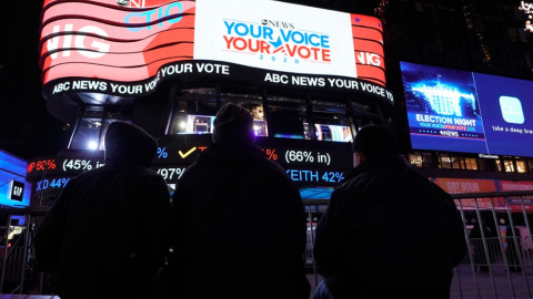 Varias personas observan cómo va el recuento de votos en Times Square, Nueva York. TIMOTHY A. CLARY / AFP