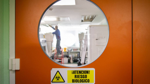 Puertas de una sala donde se experimenta con patógenos que conllevan riesgo biológico en el CNB. En este laboratorio se avanza en el desarrollo de una vacuna contra el SARS-Cov-2. / SINC Puertas de una sala donde se experimenta con patógenos que conllevan riesgo biológico en el CNB. En este laboratorio se avanza en el desarrollo de una vacuna contra el SARS-Cov-2. / SINC