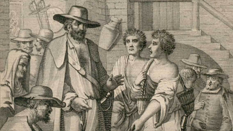 Grabado de ‘Rinconete y Cortadillo’ en la edición de ‘Novelas Exemplares’ (Miguel de Cervantes), impresa en Madrid por Antonio Sancha en 1783. – Biblioteca Nacional Grabado de ‘Rinconete y Cortadillo’ en la edición de ‘Novelas Exemplares’ (Miguel de Cervantes), impresa en Madrid por Antonio Sancha en 1783. – Biblioteca Nacional