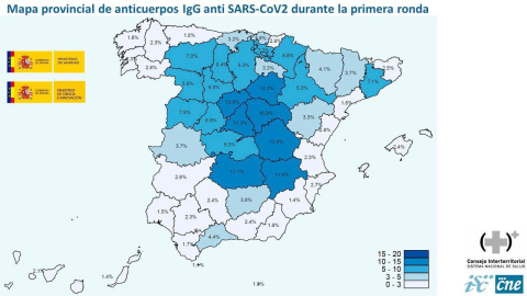 Mapa de los resultados preliminares del estudio de seroprevalencia. / MINISTERIO DE SANIDAD Mapa de los resultados preliminares del estudio de seroprevalencia. / MINISTERIO DE SANIDAD