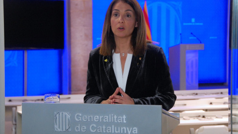 La consellera de la Presidència i portaveu del Govern, Meritxell Budó, en la roda de premsa diària del Govern, el 13 d'abril del 2020 (horitzontal). ACN | Ruben Moreno La consellera de la Presidència i portaveu del Govern, Meritxell Budó, en la roda de premsa diària del Govern, el 13 d'abril del 2020 (horitzontal). ACN | Ruben Moreno