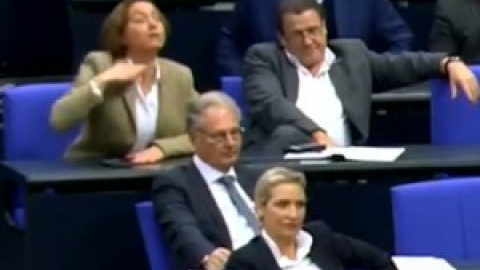 Una diputada ultraderechista alemana hace el gesto de degollar durante la intervención de un socialista Una diputada ultraderechista alemana hace el gesto de degollar durante la intervención de un socialista
