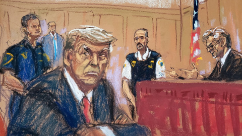 Dibujo de la comparecencia del expresidente de EEUU Donald Trump ante el juez por su imputación en el caso de los pagos a la actriz porno Stormy Daniels, en Nueva York. REUTERS/Jane Rosenberg Dibujo de la comparecencia del expresidente de EEUU Donald Trump ante el juez por su imputación en el caso de los pagos a la actriz porno Stormy Daniels, en Nueva York. REUTERS/Jane Rosenberg