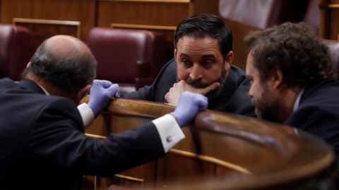 El líder de Vox, Santiago Abascal durante el pleno del Congreso este miércoles en el que se expondrá los resultados de los últimos consejos europeos y los motivos por los que solicita una nueva prórroga del estado de alarma. EFE/J.J. Guillén Pool El líder de Vox, Santiago Abascal durante el pleno del Congreso este miércoles en el que se expondrá los resultados de los últimos consejos europeos y los motivos por los que solicita una nueva prórroga del estado de alarma. EFE/J.J. Guillén Pool
