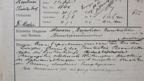 Informe de la autopsia del caso de sarampión de 1912 archivado por el Museo de Historia Médica de Berlín. / Navena Widulin/Berlin Museum of Medical History at the Charité Informe de la autopsia del caso de sarampión de 1912 archivado por el Museo de Historia Médica de Berlín. / Navena Widulin/Berlin Museum of Medical History at the Charité