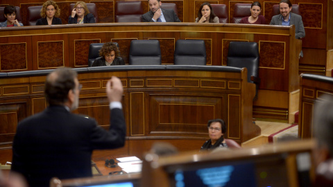 El presidente del Gobierno, Mariano Rajoy, responde a una pregunta del líder de Podemos, Pablo Iglesias, durante una sesión de control en el Pleno del Congreso de los Diputados. El presidente del Gobierno, Mariano Rajoy, responde a una pregunta del líder de Podemos, Pablo Iglesias, durante una sesión de control en el Pleno del Congreso de los Diputados.