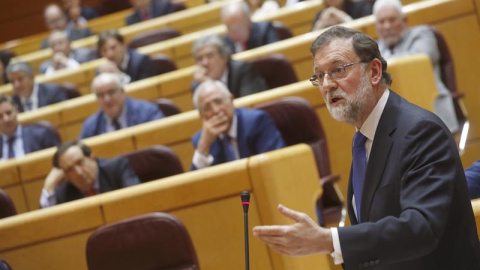 El presidente del Gobierno, Mariano Rajoy, durante su intervención en la sesión de control al Gobierno esta tarde en el Senado. EFE/Javier Lizón El presidente del Gobierno, Mariano Rajoy, durante su intervención en la sesión de control al Gobierno esta tarde en el Senado. EFE/Javier Lizón
