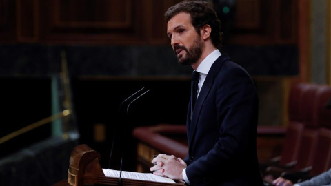 06/05/2020.- El líder del PP, Pablo Casado durante su intervención en el pleno del Congreso. / EFE - J.J. Guillén 06/05/2020.- El líder del PP, Pablo Casado durante su intervención en el pleno del Congreso. / EFE - J.J. Guillén