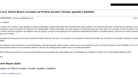 Correo enviado desde la Comunidad de Madrid a sus voluntarios. / Público Correo enviado desde la Comunidad de Madrid a sus voluntarios. / Público