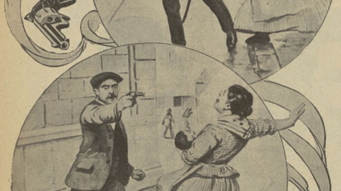 Ilustración de la noticia 'Cinco tiros a una mujer' en Bilbao, publicado en 'Las Ocurrencias' en 1911. Ilustración de la noticia 'Cinco tiros a una mujer' en Bilbao, publicado en 'Las Ocurrencias' en 1911.