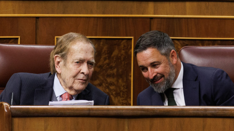 El candidato de la moción de censura, el profesor y economista Ramón Tamames (i) y el líder de VOX, Santiago Abascal (d), durante un debate de la moción de censura, en el Congreso de los Diputados, a 21 de marzo de 2023, en Madrid (España). Eduardo El candidato de la moción de censura, el profesor y economista Ramón Tamames (i) y el líder de VOX, Santiago Abascal (d), durante un debate de la moción de censura, en el Congreso de los Diputados, a 21 de marzo de 2023, en Madrid (España). Eduardo