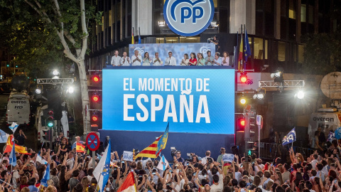 El candidato del PP a la Presidencia del Gobierno de España, Alberto Núñez Feijóo (c), durante el seguimiento de la jornada electoral de los comicios generales en la sede del PP en la calle Génova, a 23 de julio de 2023, en Madrid (España). Alberto El candidato del PP a la Presidencia del Gobierno de España, Alberto Núñez Feijóo (c), durante el seguimiento de la jornada electoral de los comicios generales en la sede del PP en la calle Génova, a 23 de julio de 2023, en Madrid (España). Alberto