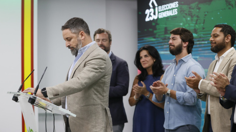 El líder de Vox, Santiago Abascal, tras conocer los resultados electorales, el pasado domingo 23 de julio. EFE El líder de Vox, Santiago Abascal, tras conocer los resultados electorales, el pasado domingo 23 de julio.