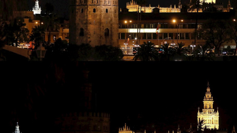 Composición del antes y el después del apagado de la Torre del Oro de Sevilla que se ha sumado este sábado a la Hora del Planeta, una iniciativa promovida por WWF, que ha supuesto el apagado durante una hora (20:30 a 21:30) de los edificios y monumento Composición del antes y el después del apagado de la Torre del Oro de Sevilla que se ha sumado este sábado a la Hora del Planeta, una iniciativa promovida por WWF, que ha supuesto el apagado durante una hora (20:30 a 21:30) de los edificios y monumento