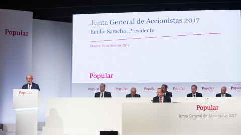 El presidente del Banco Popular, Emilio Saracho, durante su intervención en la junta de accionistas de la entidad. E.P. El presidente del Banco Popular, Emilio Saracho, durante su intervención en la junta de accionistas de la entidad. E.P.