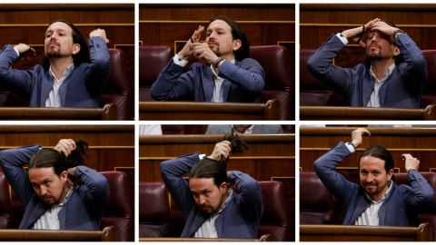 Combinación de fotos del líder de Podemos, en su escaño, arregandose su coleta, durante la moción de censura contra Mariano Rajoy. REUTERS/Juan Medina Combinación de fotos del líder de Podemos, en su escaño, arregandose su coleta, durante la moción de censura contra Mariano Rajoy. REUTERS/Juan Medina